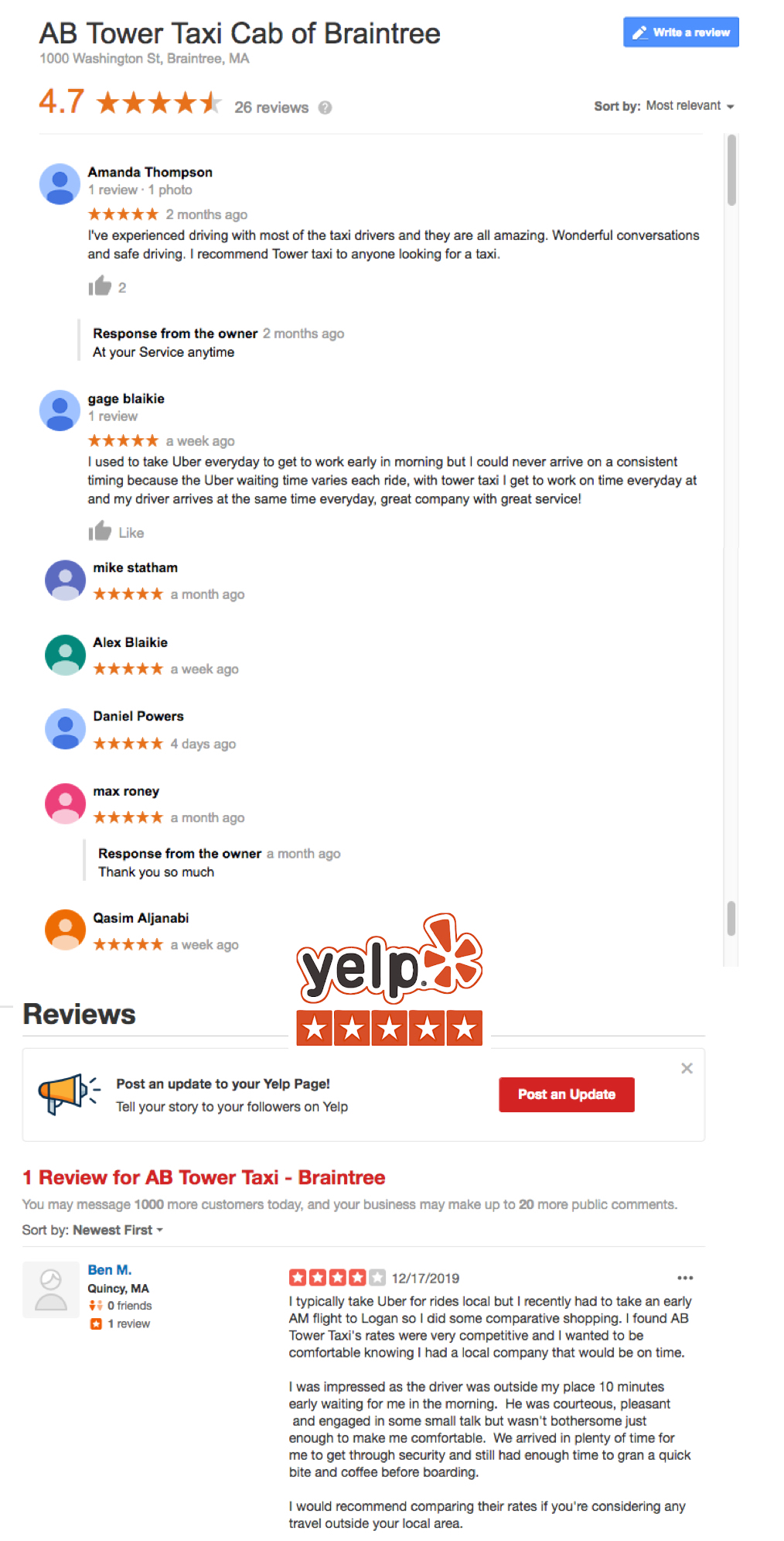 Read our google and yelp reviews and find out why AB Tower Taxi Cab is one of the highest rated transportation services around 