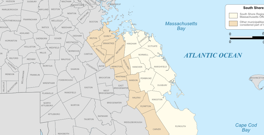 Map of the South Shore Massachusetts region served by Tower Taxi, with Braintree marked as the headquarters